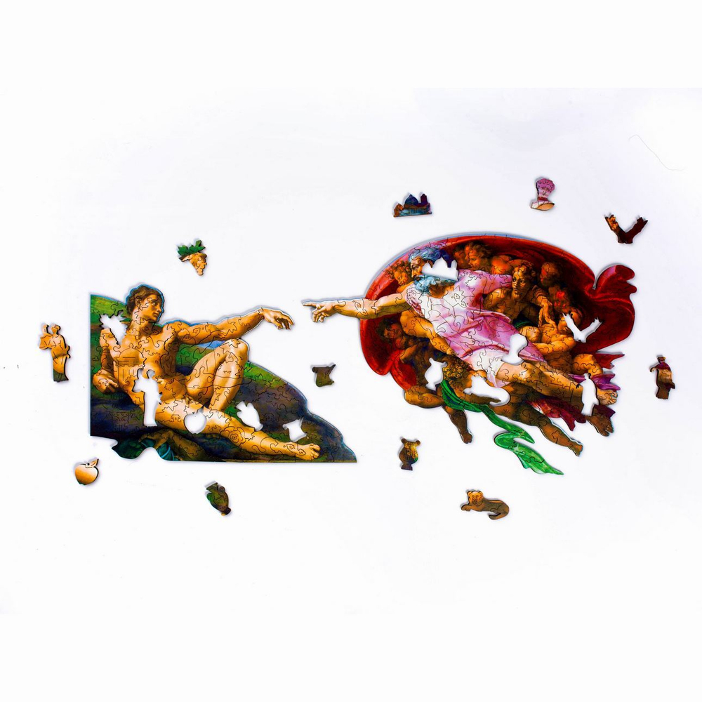 Пазл "Сотворение Адама " от Woodzle - Деревянный пазл, деталей 185, картина известного художника Микеланджело. Детали деревянного пазла разных форм