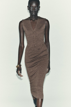 ZARA ПЛАТЬЕ МИДИ С ПУГОВИЦАМИ, КОРИЧНЕВЫЙ МЕЛАНЖ