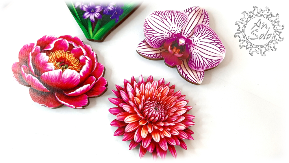 Магниты серия "Цветочная симфония" из кедра в ассортименте 3 часть