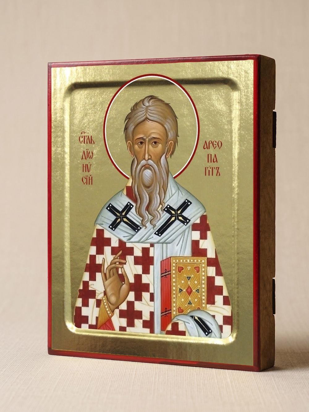 Икона Дионисия Ареопагита, святителя на дереве: 125 х 160 (Синопсисъ)