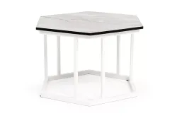 "Женева" интерьерный стол из HPL шестиугольный, D50, H35, цвет "мрамор пепел", каркас из стали белый муар