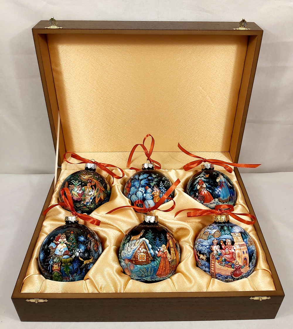Сувенирный набор из 6-ти новогодних шаров с ручной росписью Палех