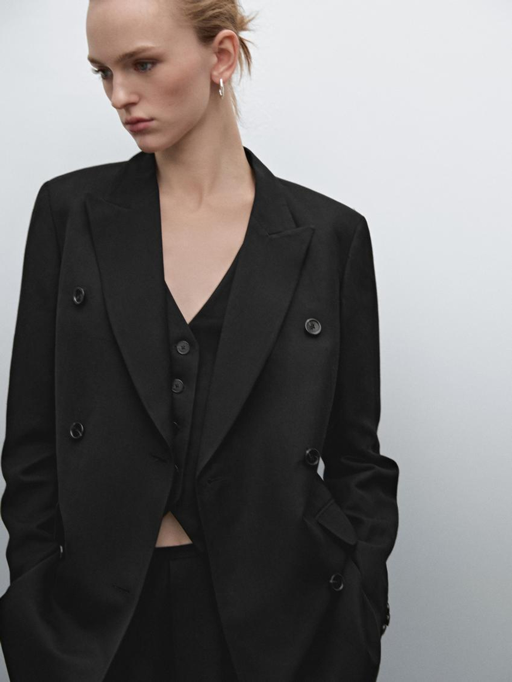 Massimo Dutti Двубортный пиджак из смесового льна, черный