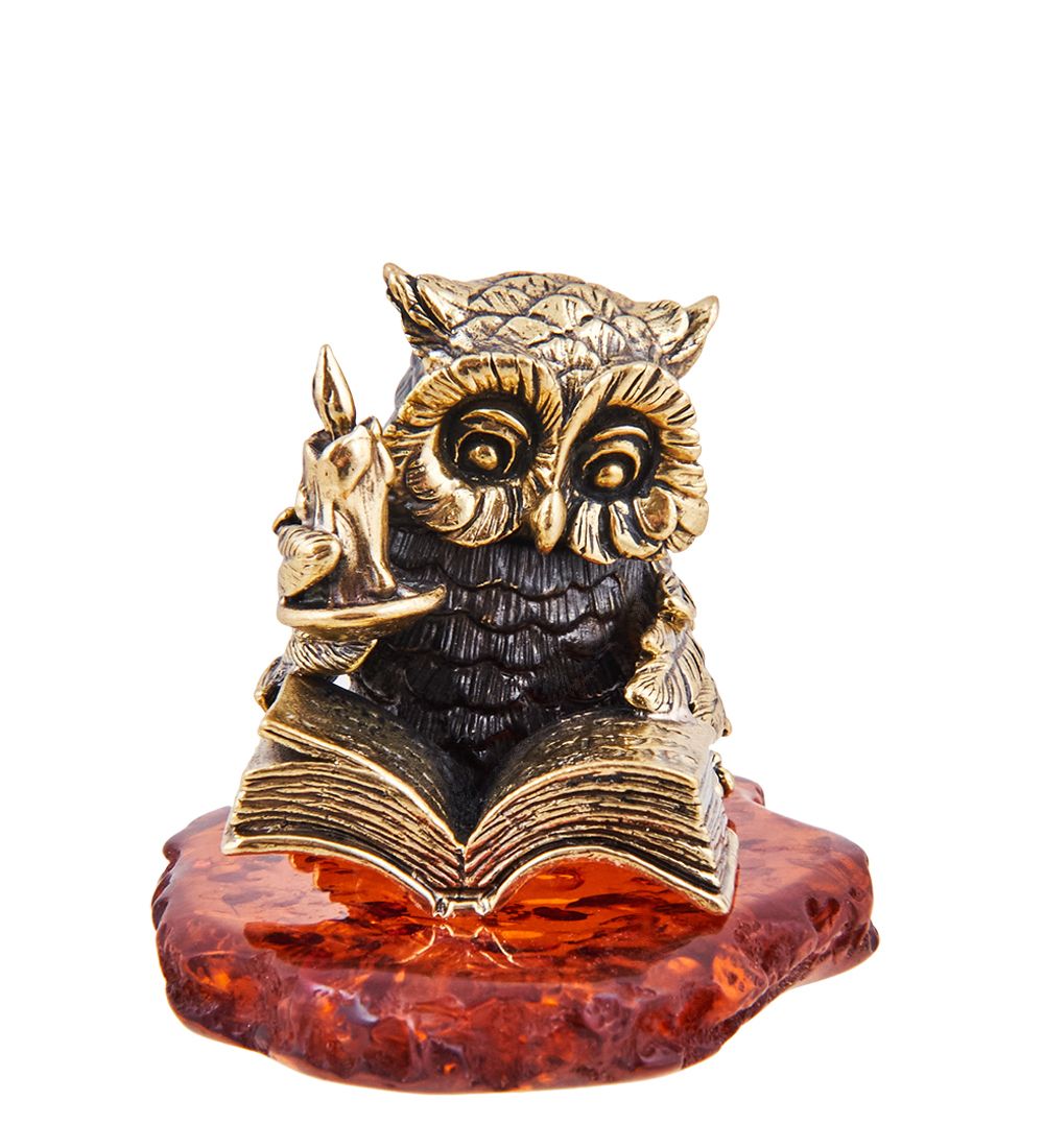 Народные промыслы AM-3708 Фигурка «Сова Читатель» (латунь, янтарь)