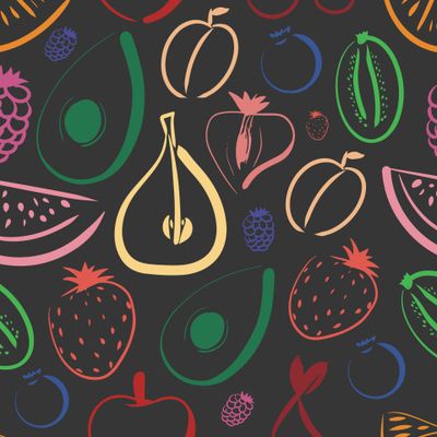 Разноцветный арт фруктов и овощей на темном фоне