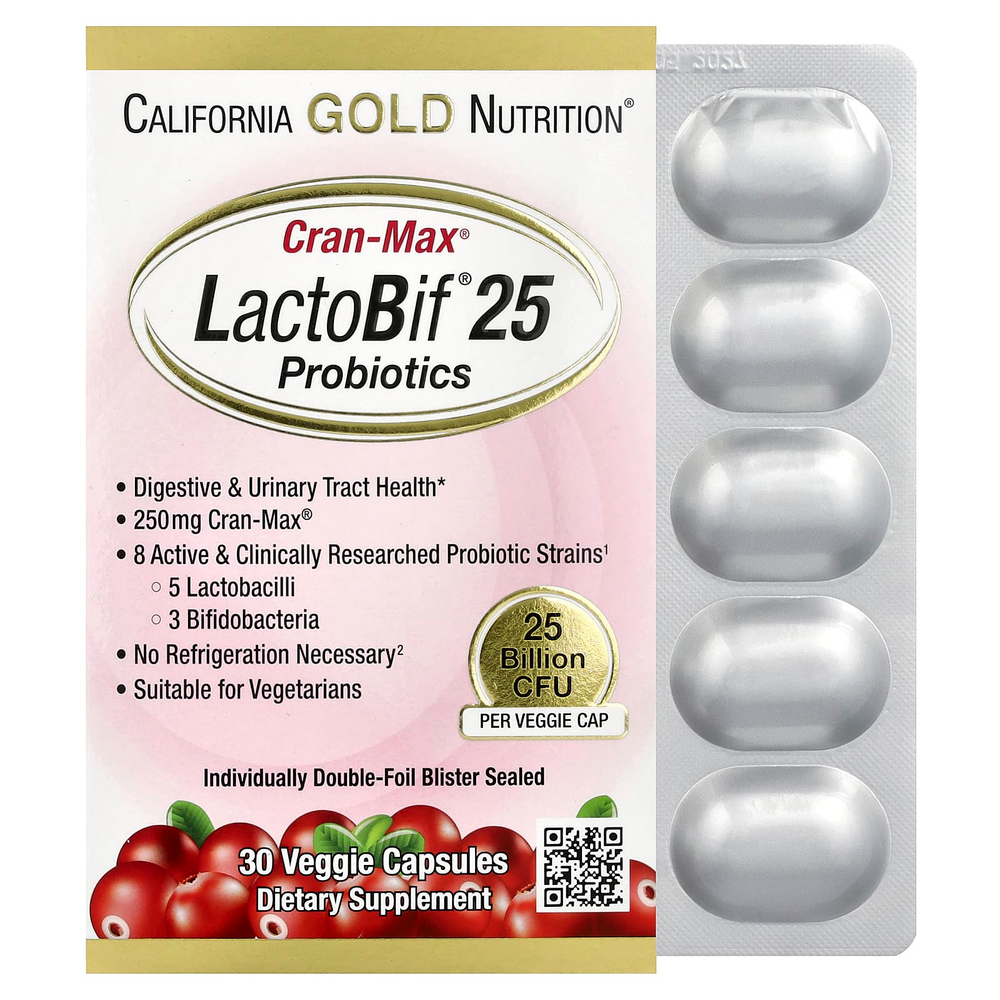 California Gold Nutrition, CranMax®, LactoBif®, пробиотики, 25 млрд КОЕ, 30 растительных капсул