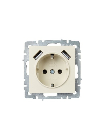 Розетка BRITE РЮш10-1-БрКр 16А с USB A+A 2.1А с заземл. защ. шторки механизм беж. IEK BR-R14-16-U21-D21-K10