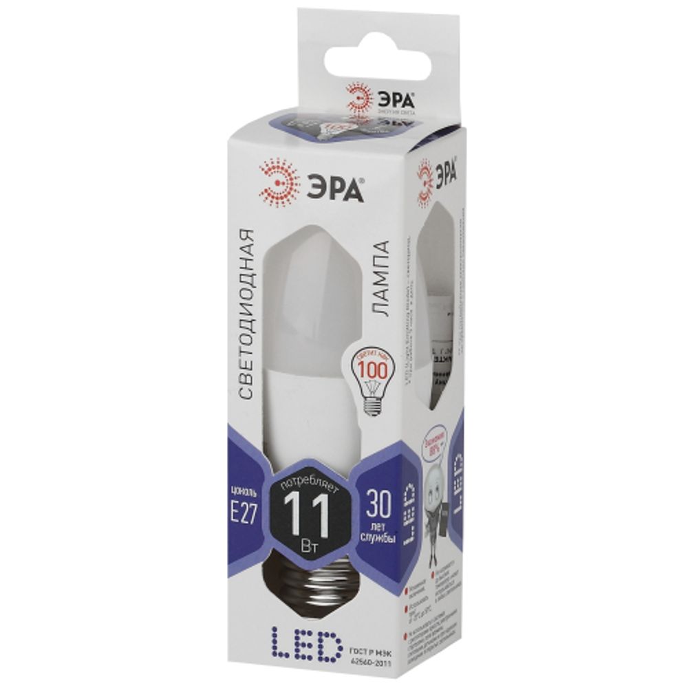 Лампа светодиодная ЭРА STD LED B35-11W-860-E27 11Вт свеча холодный дневной свет Е27