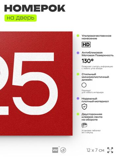 Номер на дверь 925, табличка на дверь для офиса, квартиры, кабинета, аудитории, склада, красная 120х70 мм, Айдентика Технолоджи