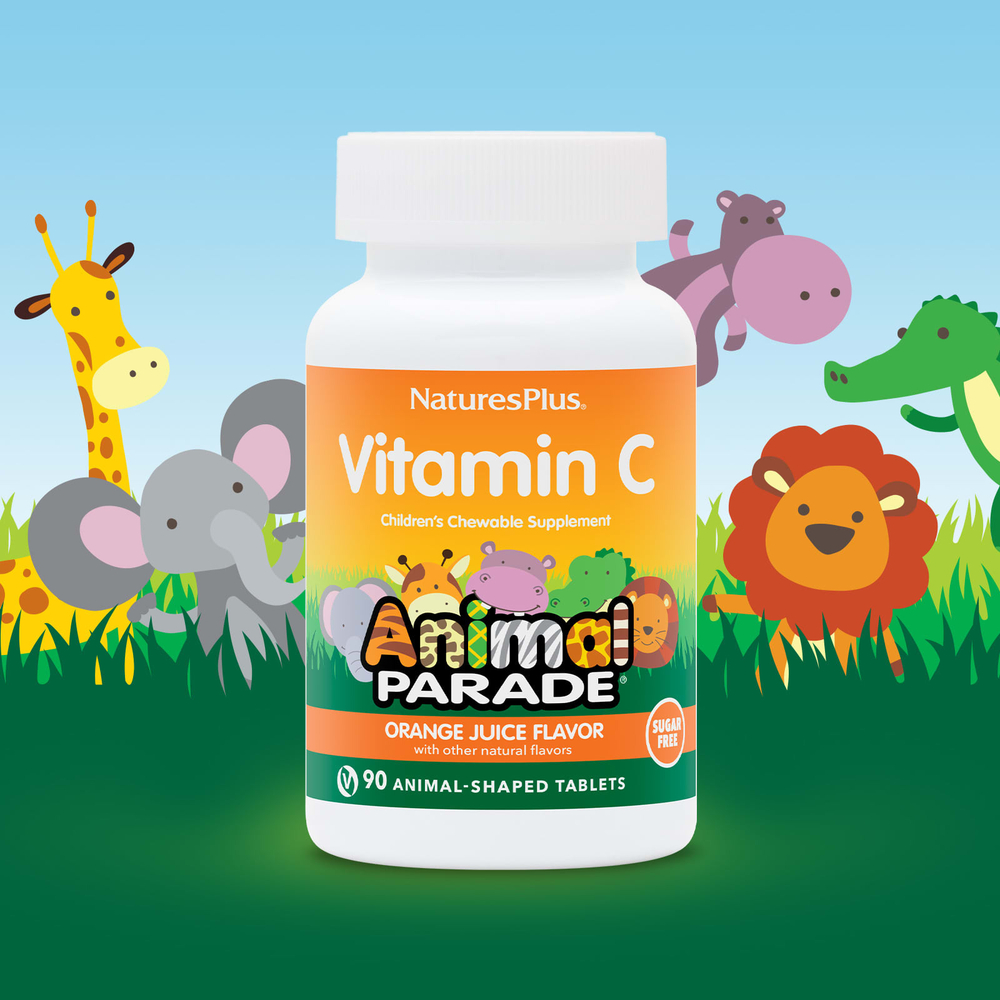 NaturesPlus, Animal Parade, витамин C, жевательная добавка для детей, со вкусом апельсинового сока, без сахара, 90 таблеток в форме животных