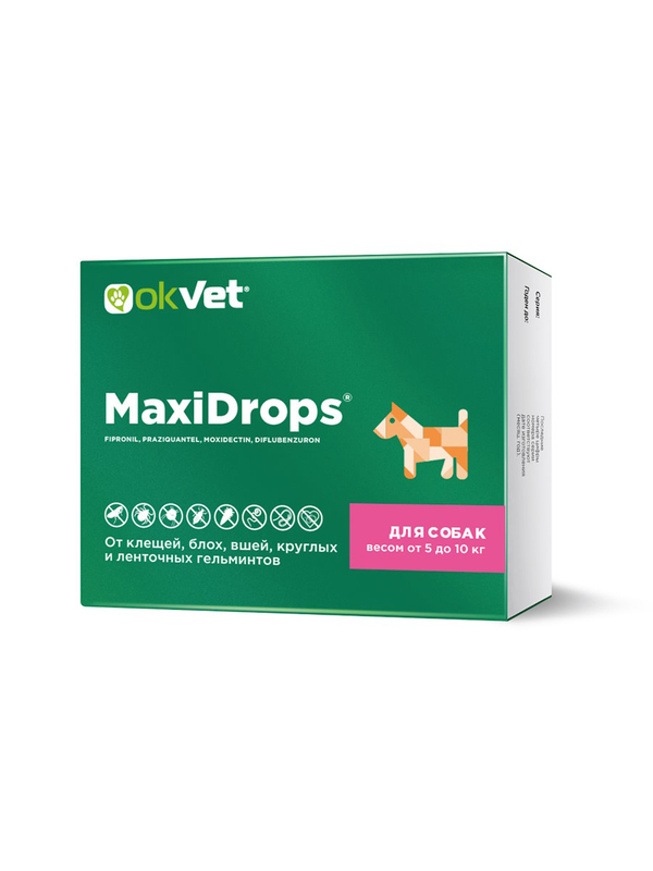 Капли от клещей и блох OKVET МаксиДропс для собак от 5 кг до 10 кг, туба по 1 мл