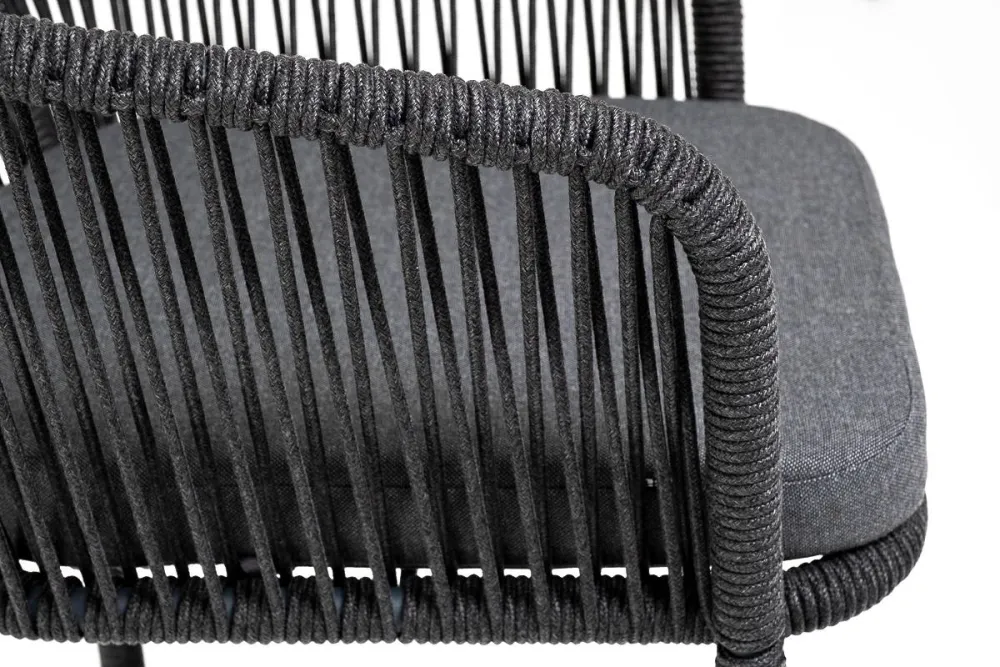 "Марсель" стул барный плетеный из роупа, каркас из стали серый (RAL7022) муар, роуп темно-серый круглый, ткань темно-серая 027