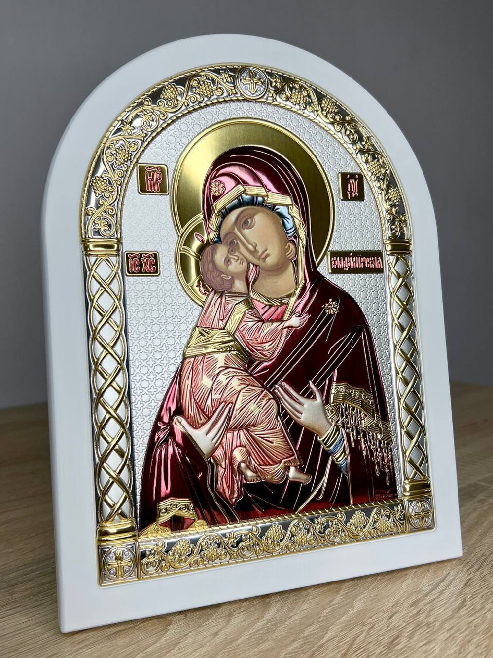 Владимирская БМ, икона арочная, белое дерево, эмаль 175х225