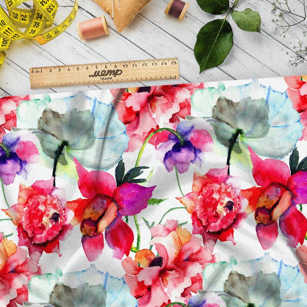 Ткань поплин акварельные соцветия