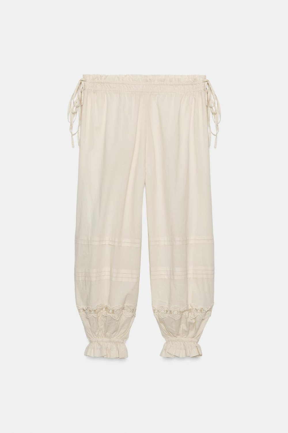 ZARA БРЮКИ-БОМБЕРЫ СО СКЛАДКАМИ И КРУЖЕВОМ, ЦВЕТ СЛОНОВОЙ КОСТИ