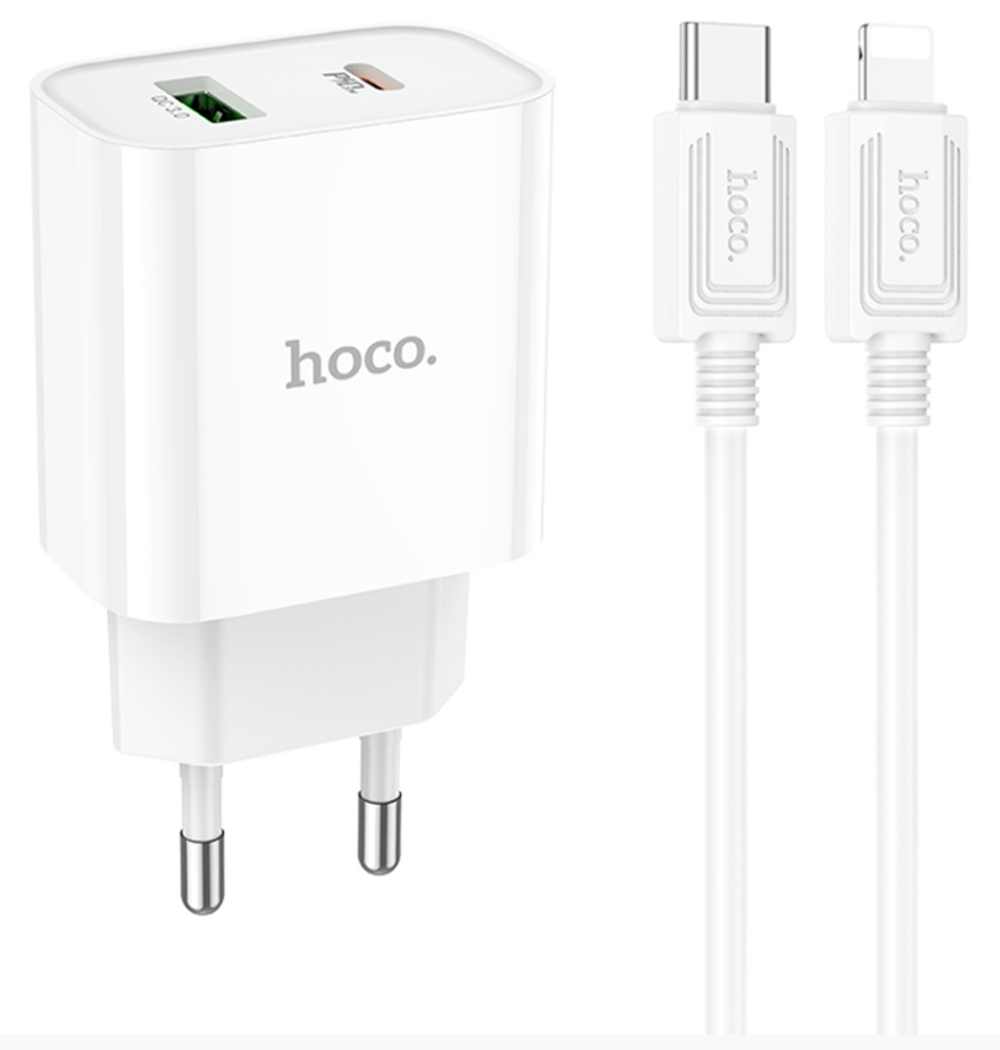 Блок питания (сетевой адаптер) HOCO C80A Plus с кабелем Type-C-Lightning, QC3.0, 20W, белый