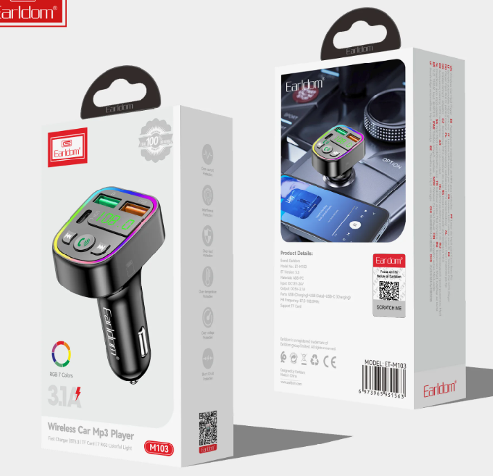 ФМ модулятор 2USB выхода+USB-C Bluetoolh  Erarldom ET-M103 1A с подсветкой