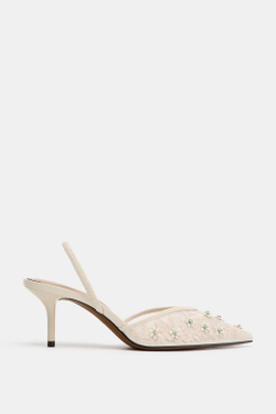 ZARA ТУФЛИ-МЮЛИ ИЗ СЕТЧАТОЙ ТКАНИ С БУСИНАМИ, БЕЛЫЙ