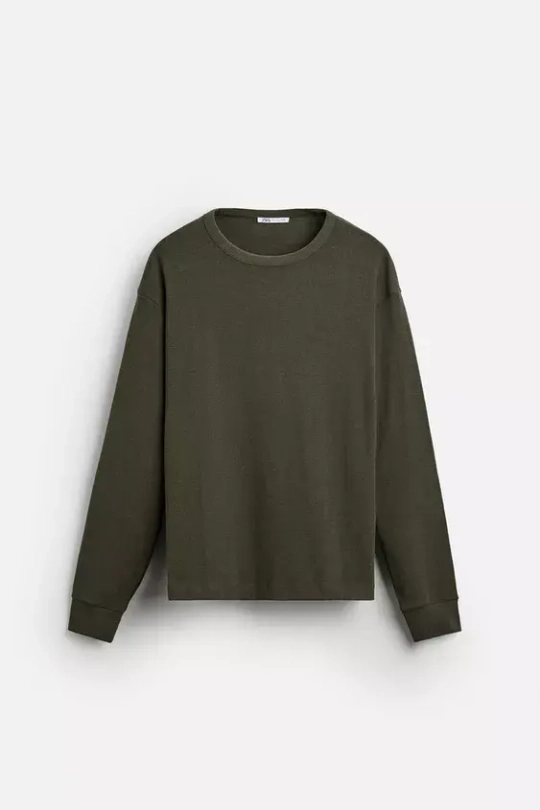 ZARA ФУТБОЛКА ИЗ РИФЛЕНОЙ ТКАНИ, ЗЕЛЕНЫЙ С МЕЛАНЖЕВЫМ ЭФФЕКТОМ