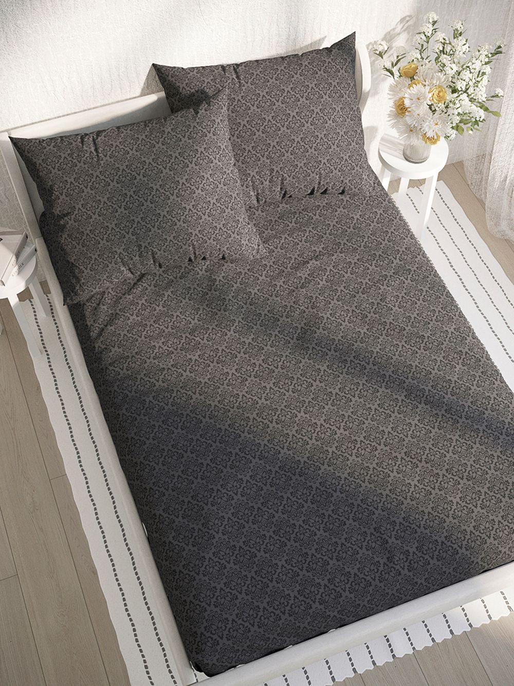 Постельное белье перкаль Сказка "Классика (черная)" 2-спальное  Наволочка 50х70 см 2 шт Простынь на резинке 160x200 см Пододеяльник 175x215 см