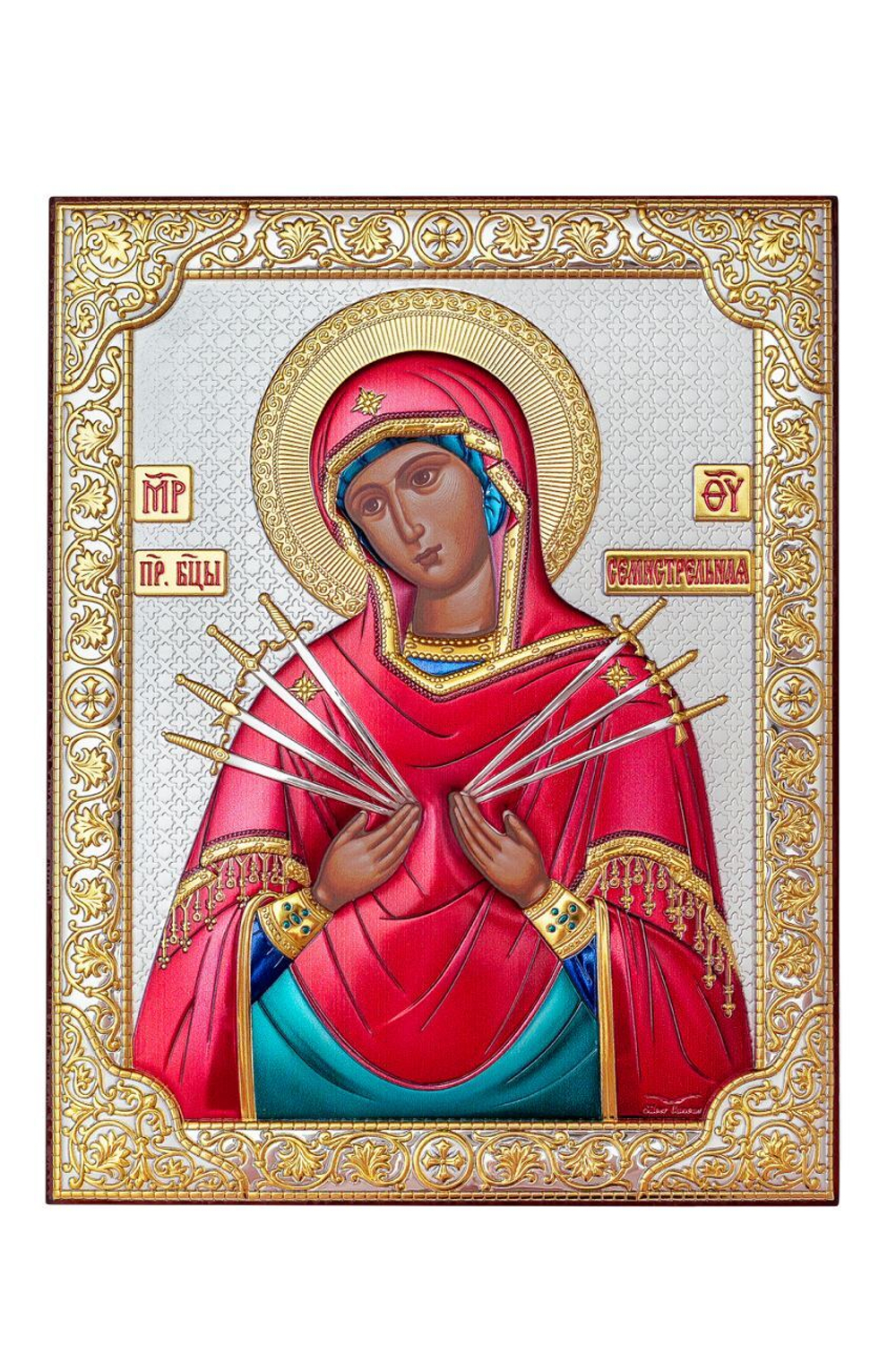 Семистрельная БМ, икона прямоугольная без рамки, белое дерево, эмаль 175х225