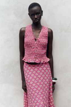 ZARA ТОП С ПРИНТОМ, ЦВЕТ ФУКСИИ