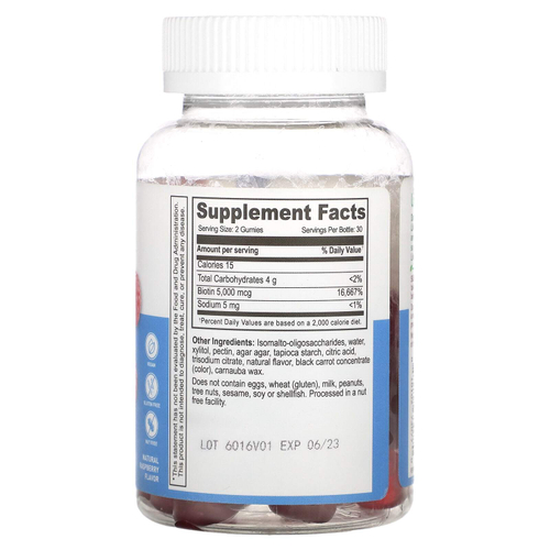 Lifeable, жевательные таблетки с биотином, без сахара, натуральная малина, 60 жевательных таблеток (2500 мкг в 1 жевательной таблетке)