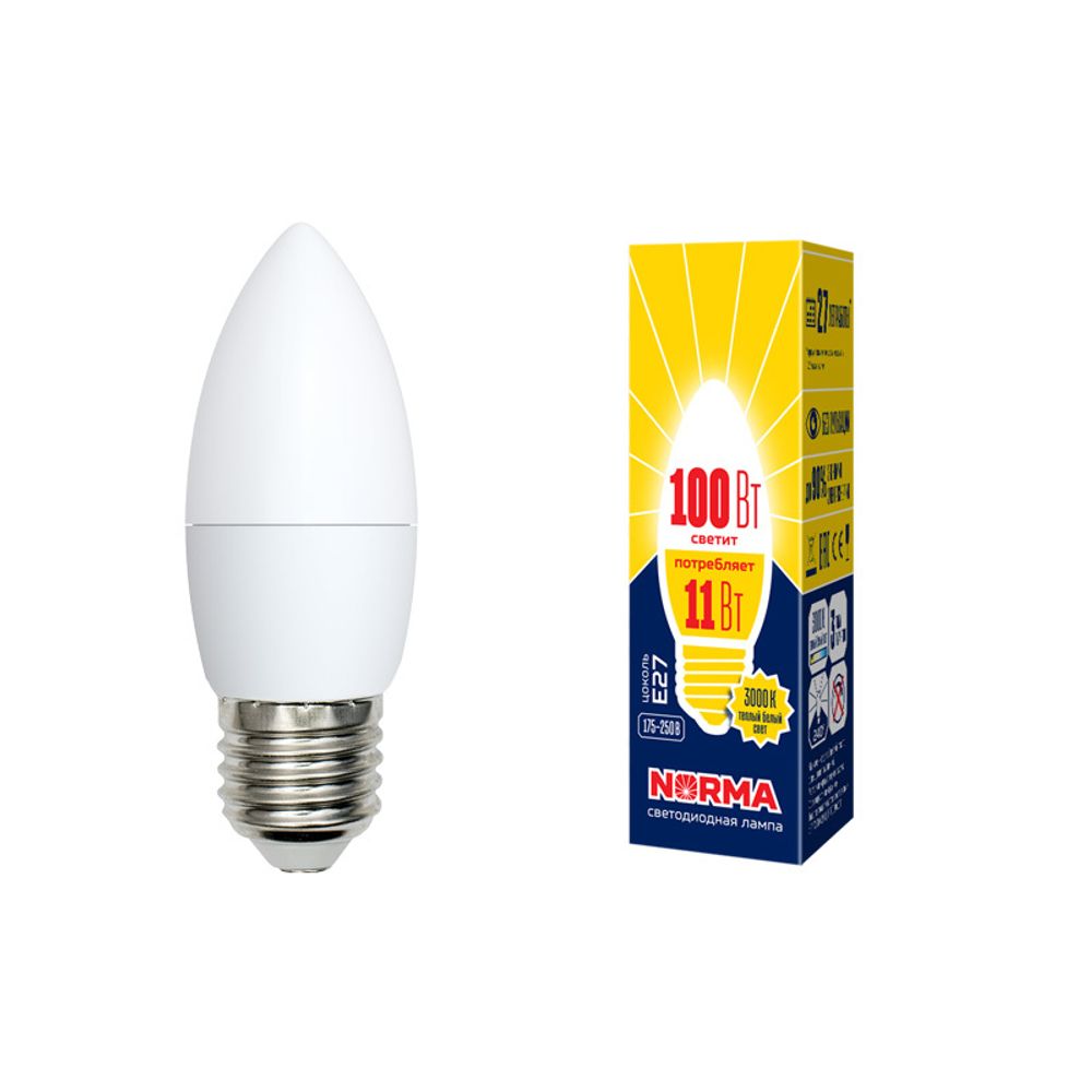 LED-C37-11W/WW/E27/FR/NR Лампа светодиодная. Форма свеча, матовая. Серия Norma. Теплый белый свет (3000K). Картон. ТМ Volpe