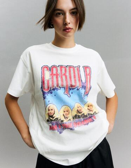 BERSHKA Футболка с короткими рукавами и принтом от Cardi B", белый