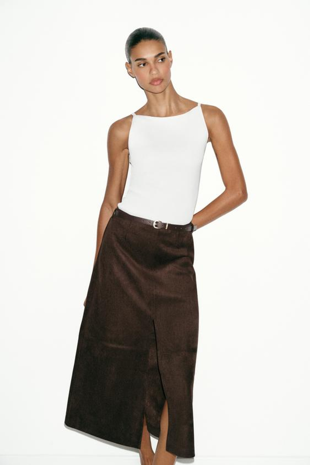 ZARA ЮБКА ИЗ ИСКУССТВЕННОЙ ЗАМШИ С РЕМНЕМ, ШОКОЛАДНО-КОРИЧНЕВЫЙ