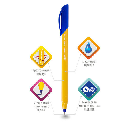 Ручка шариковая масляная BRAUBERG "Extra Glide Orange", СИНЯЯ, трехгранная, узел 0,7 мм, линия письма 0,35 мм, 142925