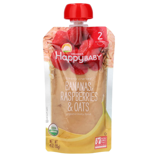 Happy Family Organics, Happy Baby, детское питание, для детей от 6 месяцев, бананы, малина и овсянка, 113 г (4 унции)