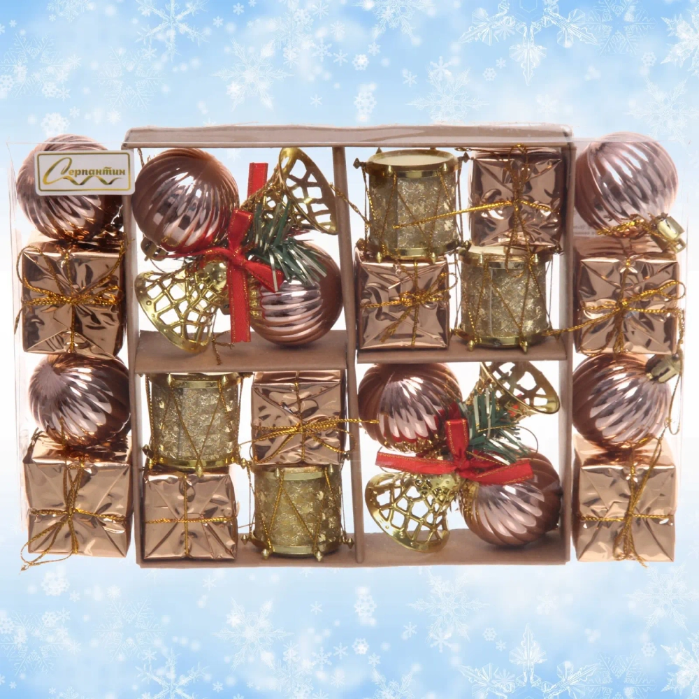 Набор украшений «Зимнее волшебство» 24*16*4 см (24 предмета), Золото/шампань