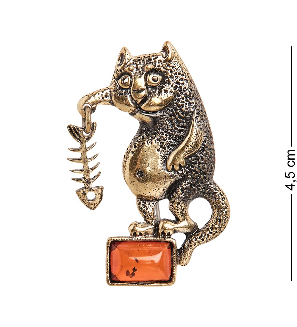 AM- 909 Брошь «Кот Сытый» (латунь, янтарь)