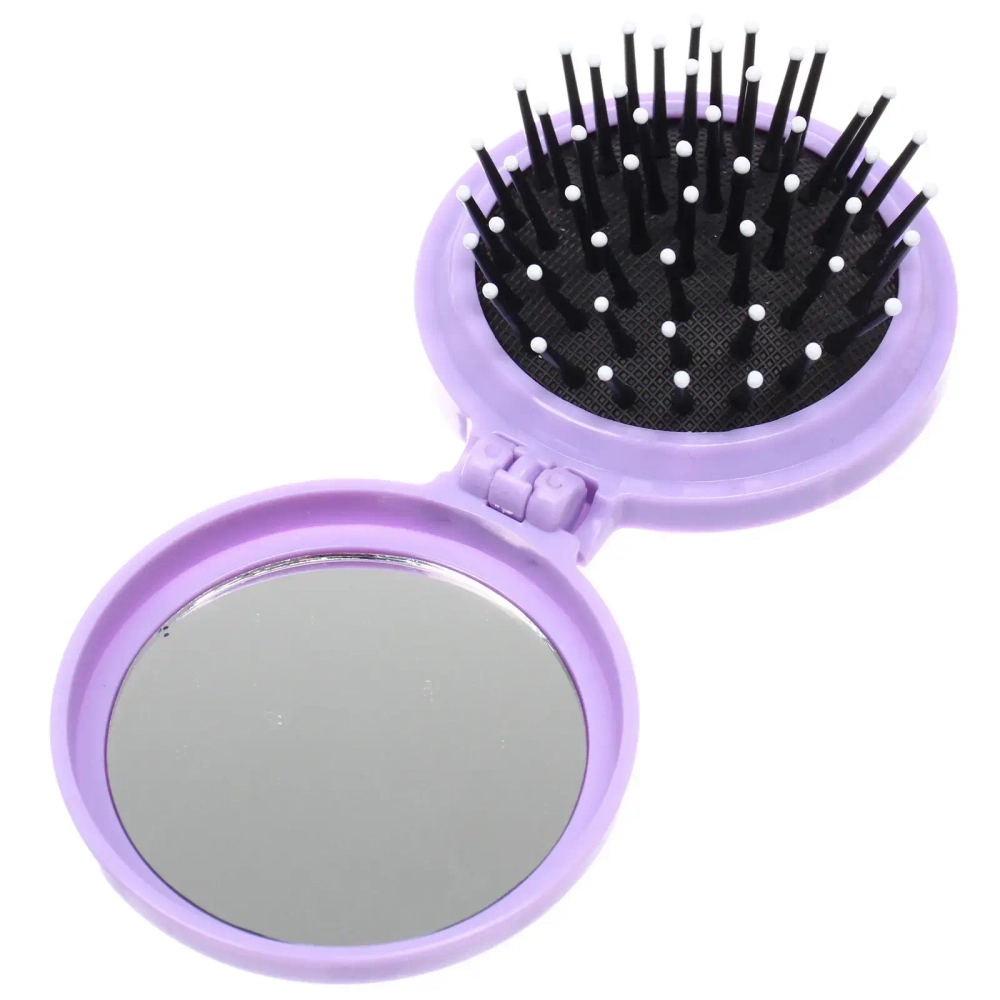 Расчёска массажная складная с зеркалом «БАМБИ БУМ», цвет лавандовый, d-6.5см (пакет с подвесом)