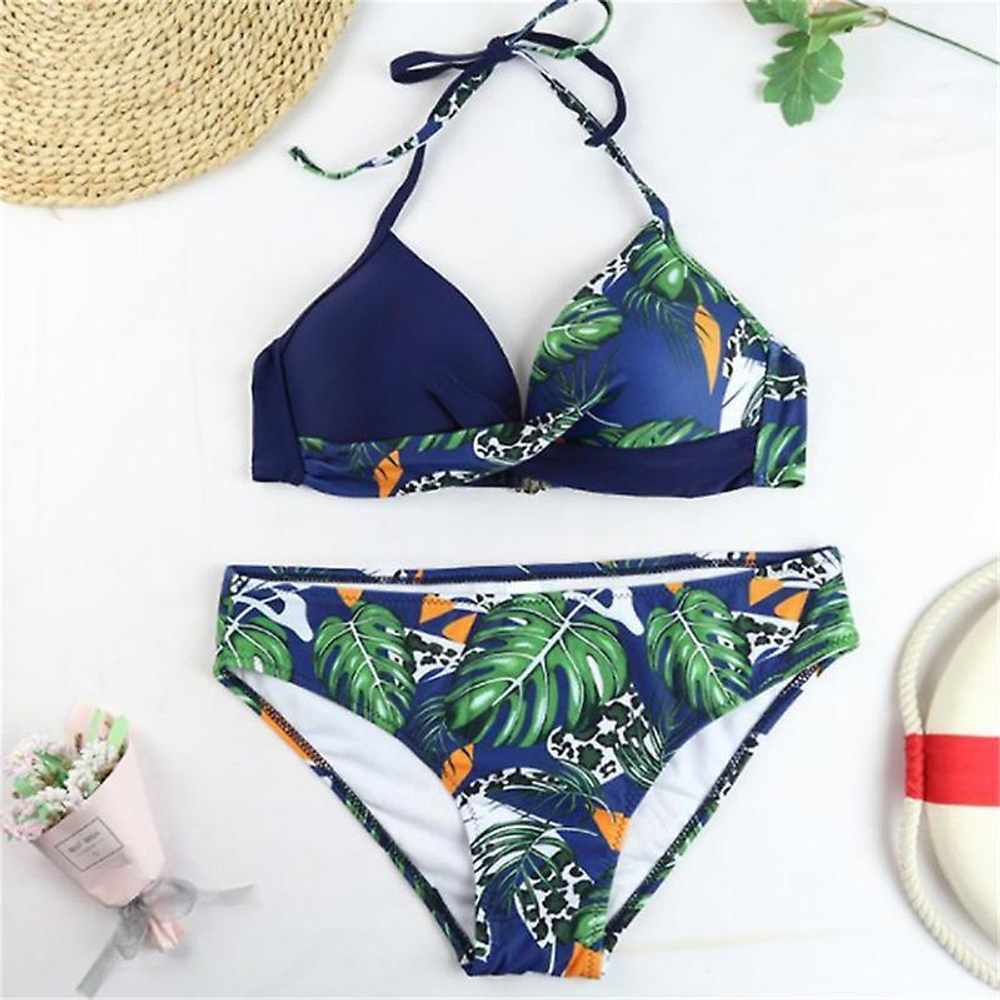 Женский раздельный купальник с растительно-анималистическим принтом (Размер: L) (Цвет: синий)