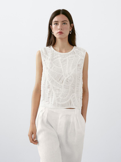 Massimo Dutti Топ из кружева кроше ажурной вязки с цветочным принтом, кремовый