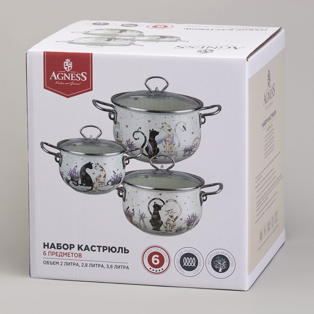 НАБОР КАСТРЮЛЬ ЭМАЛИРОВАННЫЙ, СЕРИЯ "LAVENDER CATS 6ПР. 2,0/2,8/3,8Л ДИА.18/20/22СМ