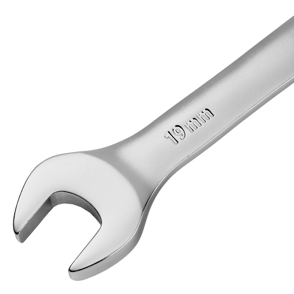 Ключ комбинированный трещоточный, 19 мм, CrV, матовый хром Denzel