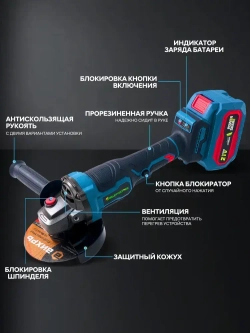 RUFENG Болгарка аккумуляторная УШМ, Угловая шлифовальная машина аккумуляторная (125мм, 21 В, 2 АКБ 6 Ач)