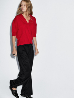 Massimo Dutti Трикотажное поло из смесовой шерсти с V-образным вырезом, красный