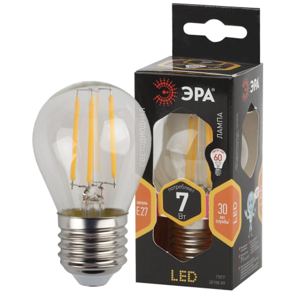 Лампа светодиодная ЭРА F-LED P45-7W-827-E27 Е27 / Е27 7Вт филамент шар теплый белый свет | Филаментные декоративные