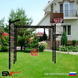 Уличная шведская стенка Sv Sport рукоход с комплектом турник прямой У5405К (Турник/Брусья/Со спинкой/Щит баскет/Кронш бокс/Канат/кольца/лестница/Сетка)