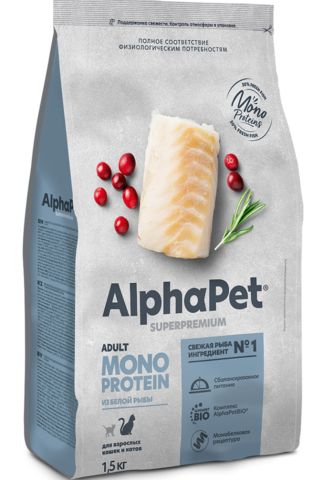 ALPHAPET сухой корм для взрослых кошек (белая рыба) 1,5 кг