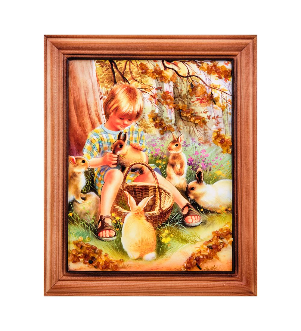 AMB-74/82 Картина «Кролики» (с янтарной крошкой) дер.краш.рамка 12х15