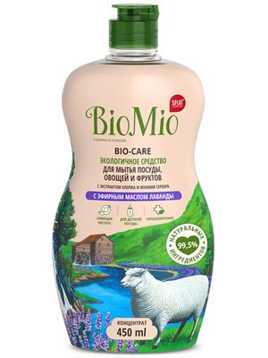 Экологичное средство для мытья посуды, овощей и фруктов c эфирным маслом лаванды BioMio, 450 мл