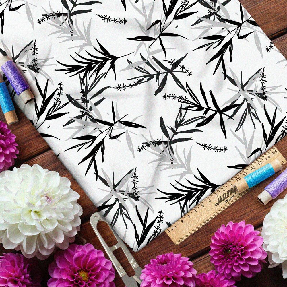 Ткань бязь тонкая китайская листва на белом фоне