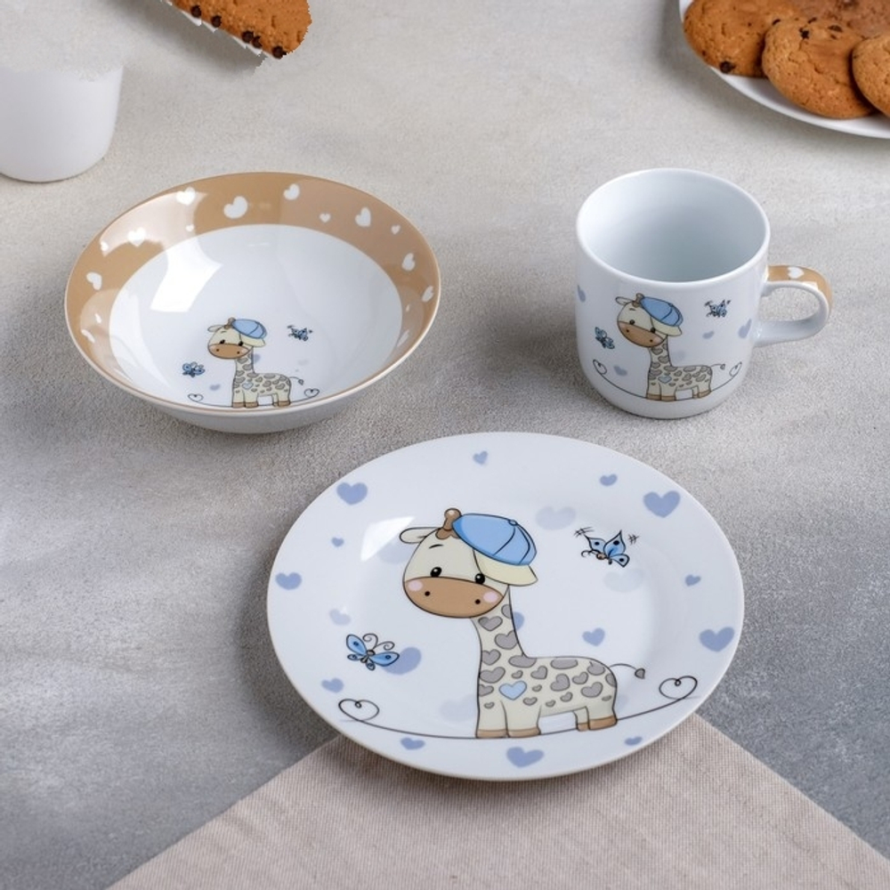 3850488 Набор детской посуды «Жирафик», 3 предмета: кружка 230 мл, миска 400 мл, тарелка 18 см