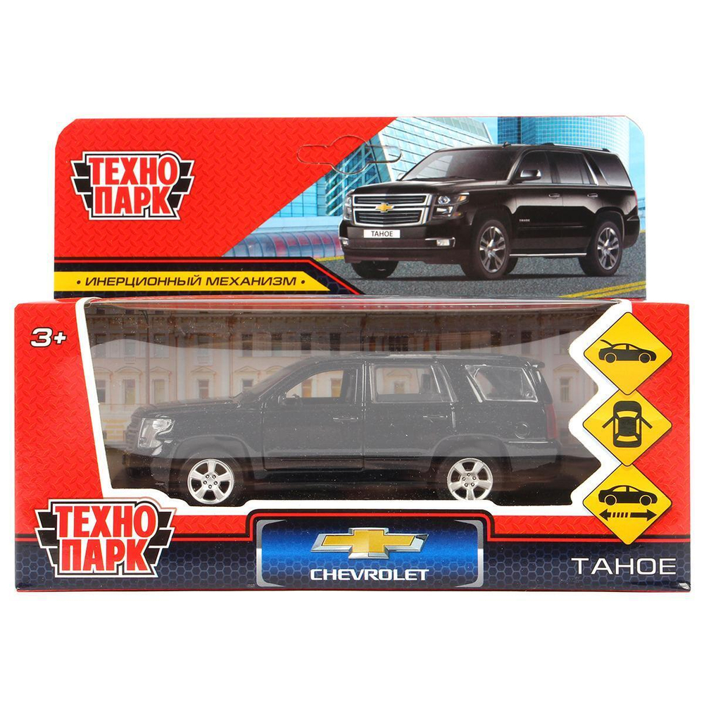 Модель ин. мет. "Chevrolet Tahoe" 12см, двери, багаж, черный, коробка TAHOE-BK (Технопарк)