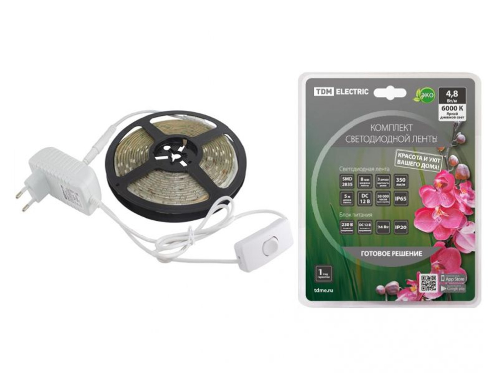 Лента светодиодная комплект SMD2835 60LED/м 12B 4,8Вт/м IP20 6000К 5м 24Вт TDM